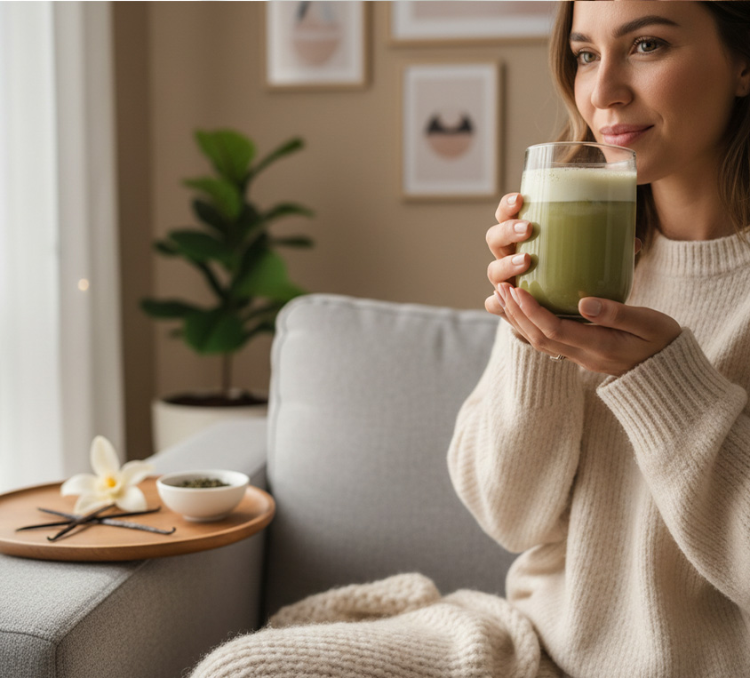 Vanilla Matcha Latte z matchy Leo Tea – kremowy, waniliowy napój matcha latte w szklance